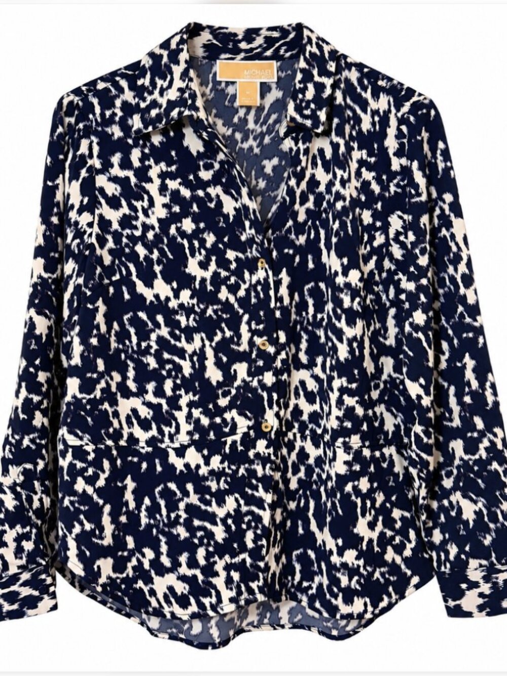 Michael Kors Navy Cream Abstract Leopard Ikat Print Button Down Blouse M NWT